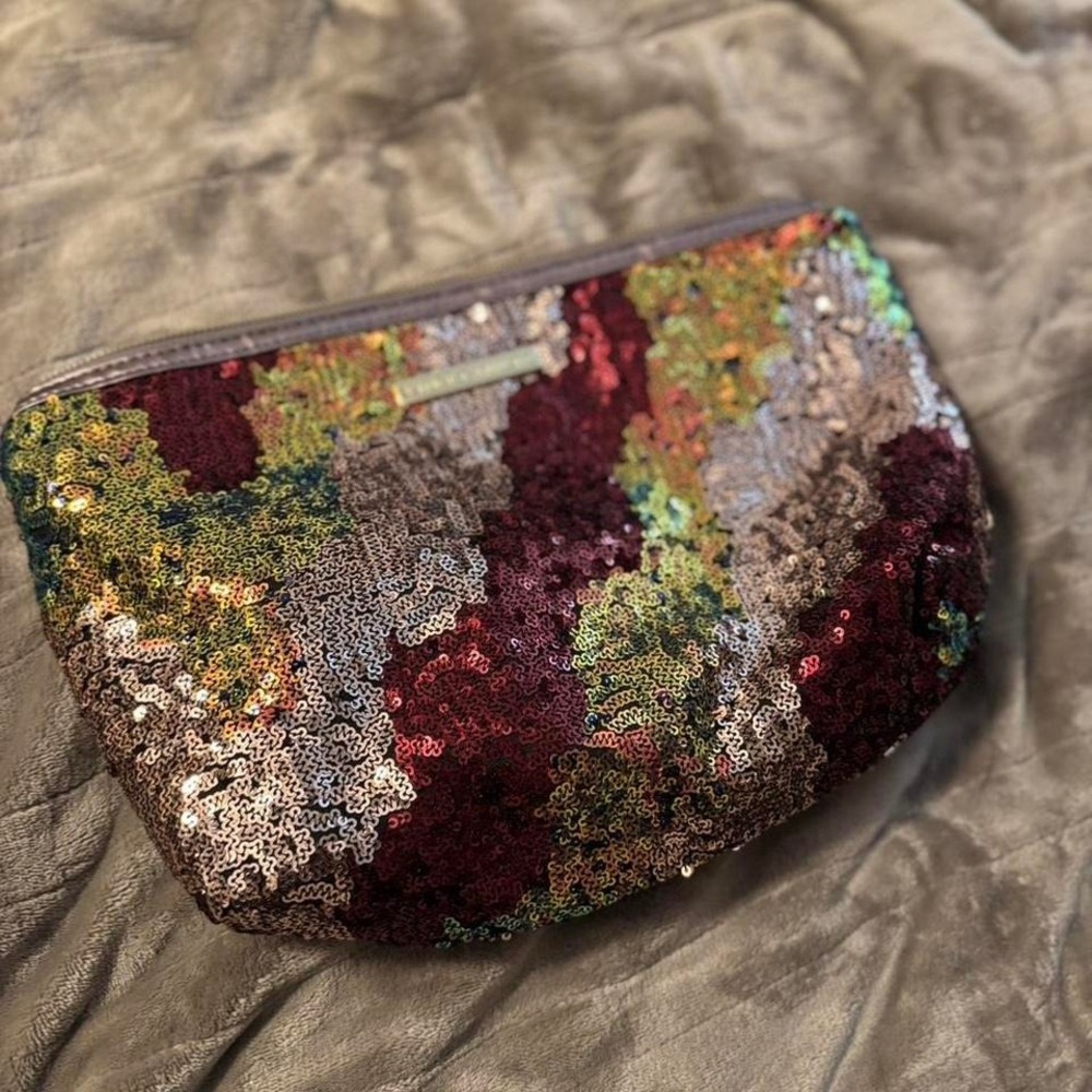 Vince Camuto Sequin Clutch Bag Multi Color Abstract Evening Makeup Pouch Gold